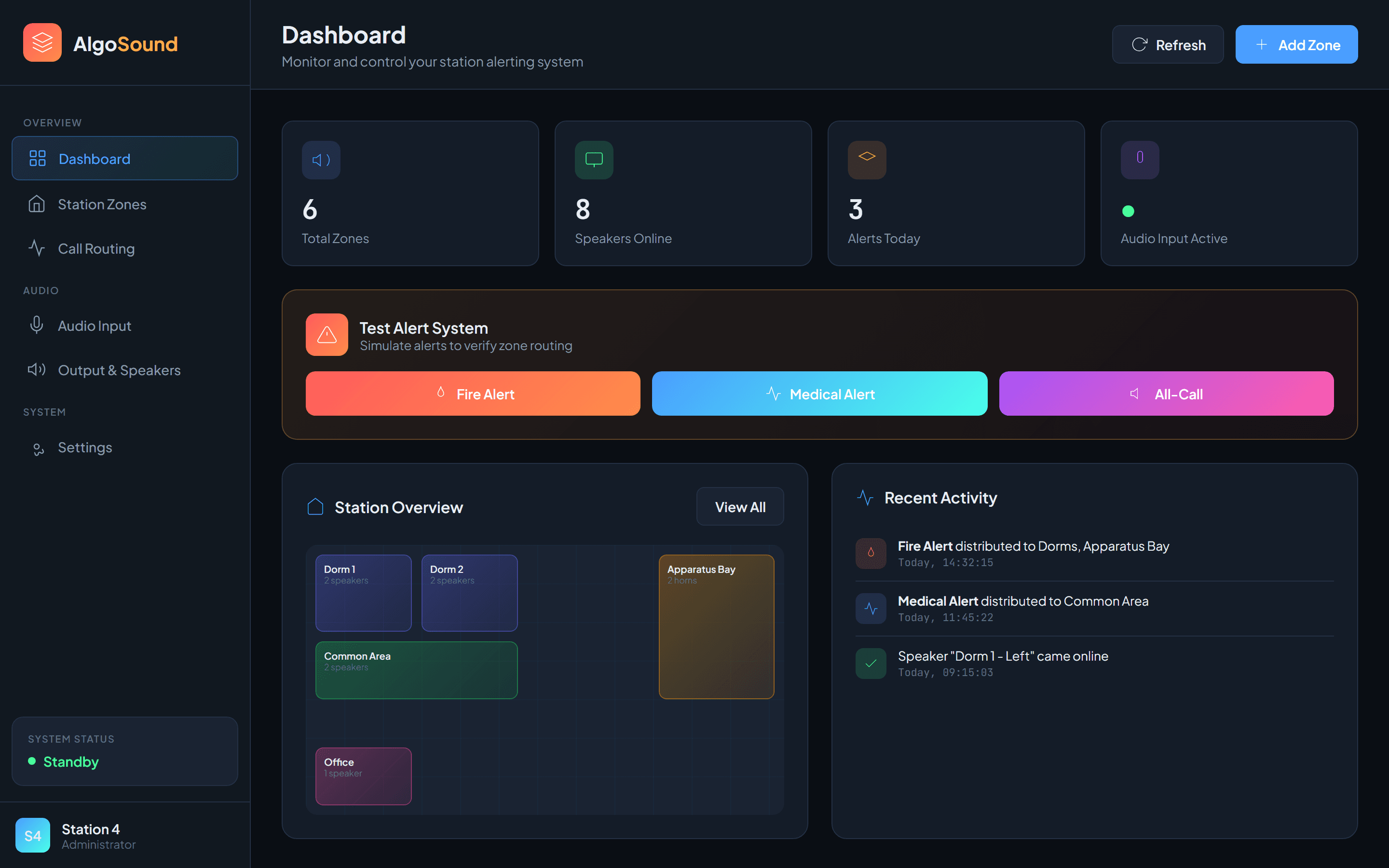 AlgoSound desktop dashboard with station zones, speaker status, and alert routing