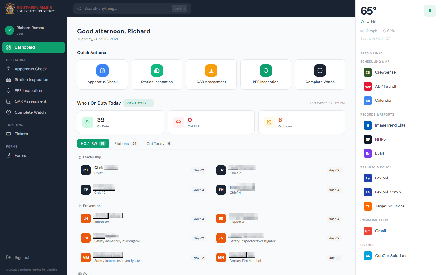 SMFD Journal dashboard with duty roster, quick actions, and linked systems