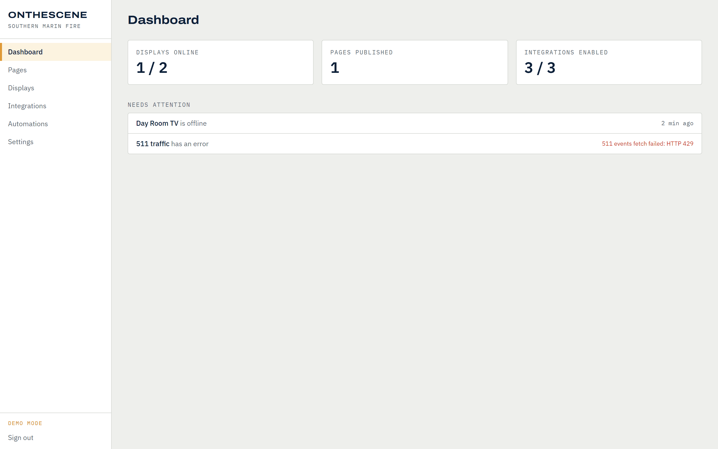 OnTheScene console dashboard showing display, page, and integration health