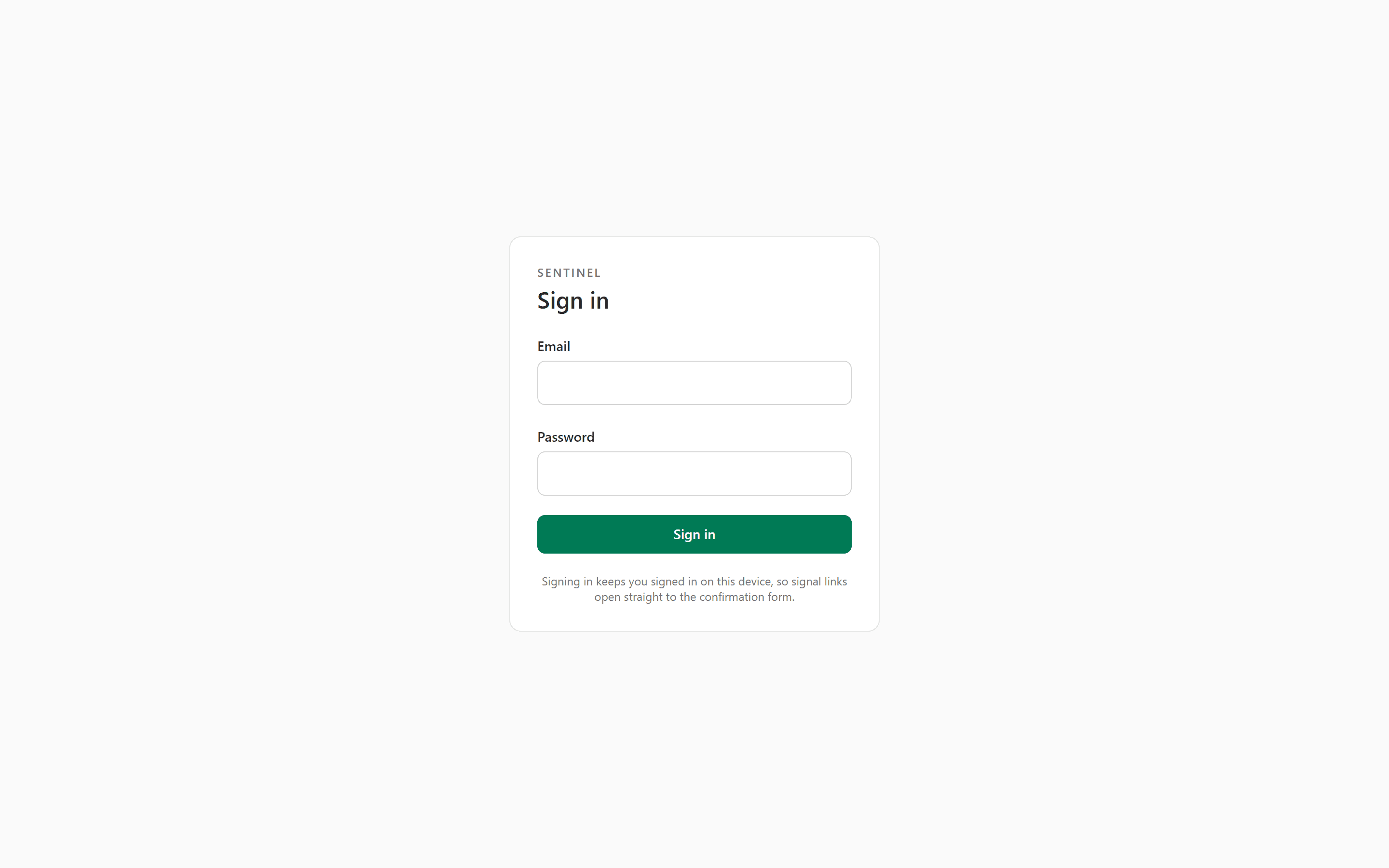 Sentinel web confirmation sign-in screen