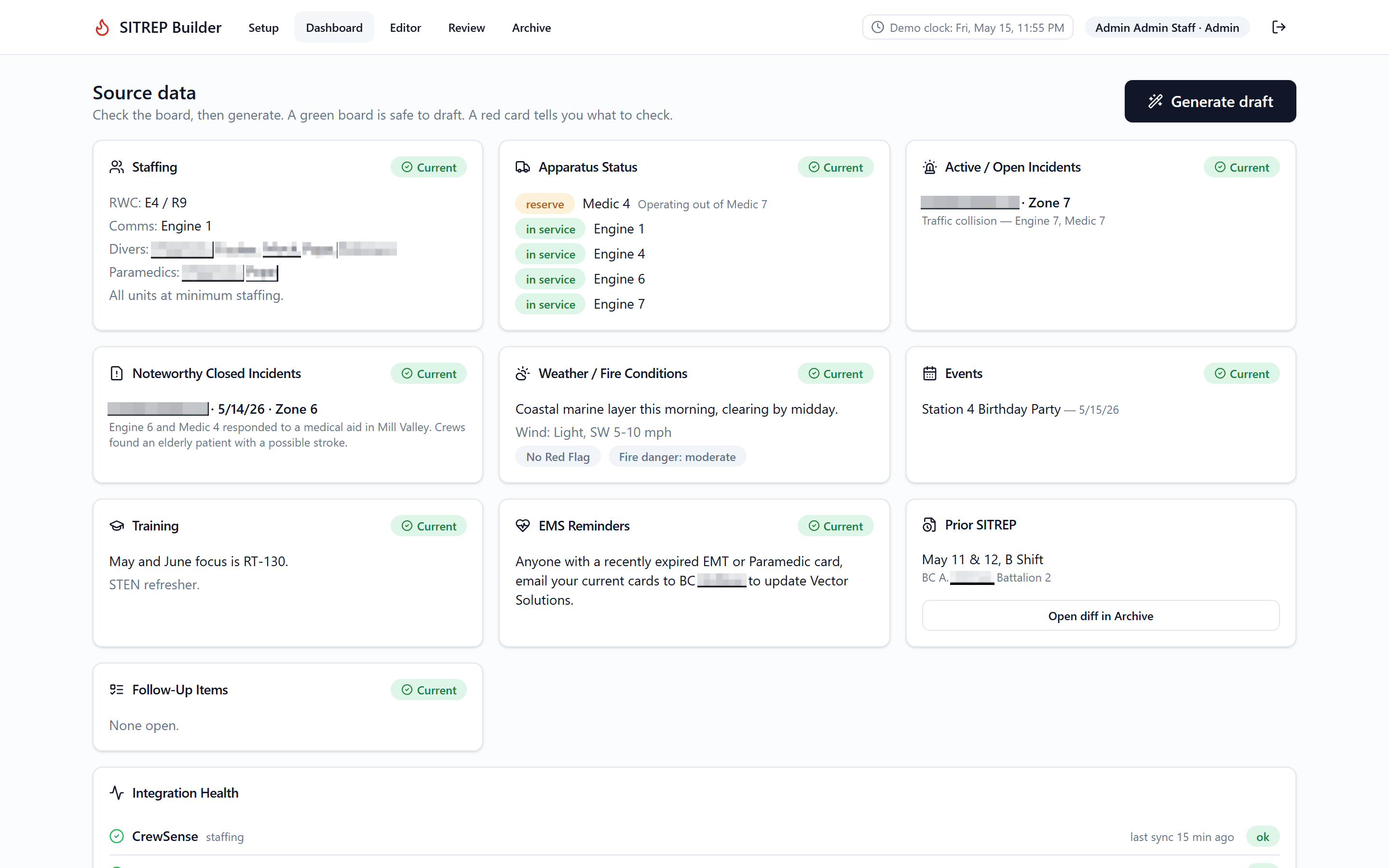 Sitrep Builder dashboard aggregating staffing, incidents, apparatus, weather, and integration health